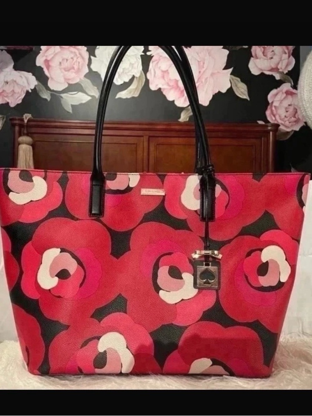 kate spade Red and Pink Floral Tote with Black Handles